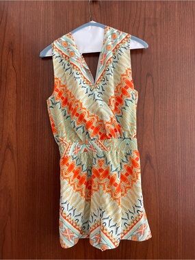 bebe Mint, Orange and Cream Printed Sleeveless Romper